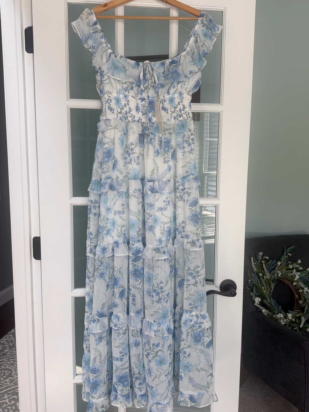 Altar'd State Blue and White Floral Tiered Maxi Dress